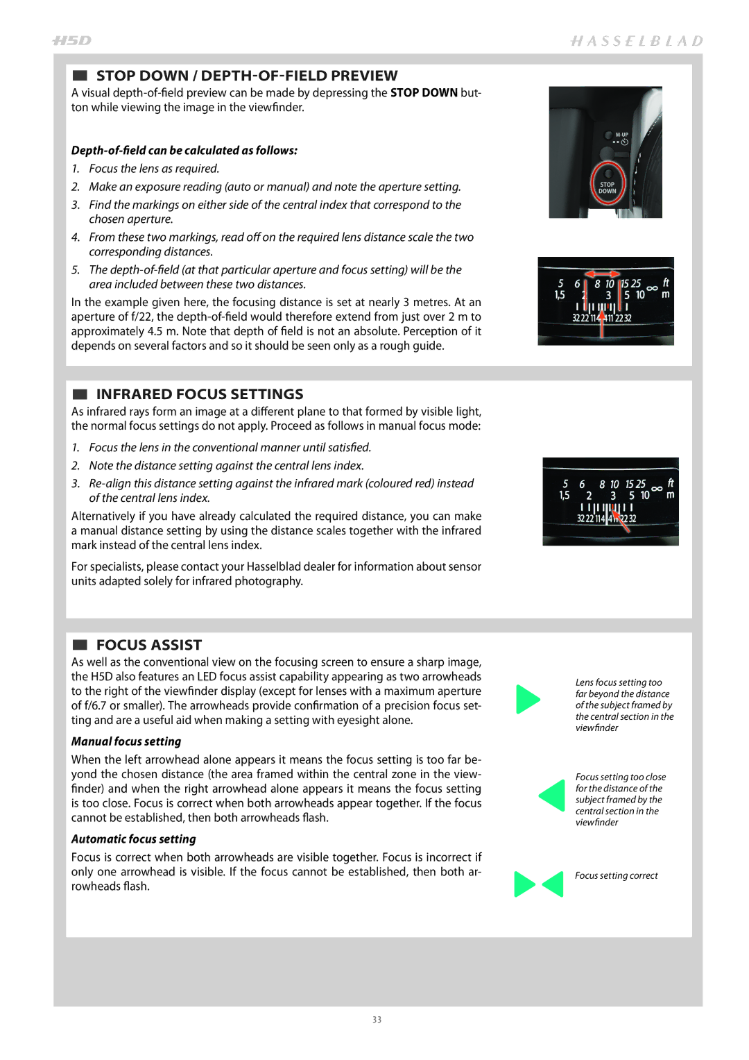 Hasselblad H4D200MS user manual  STOP Down / DEPTH-OF-FIELD Preview,  INFRARED Focus Settings,  FOCUS Assist 